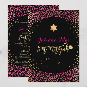 Convite PixDezines Falso Ouro+Rosa Quente Confete Bat Mitz