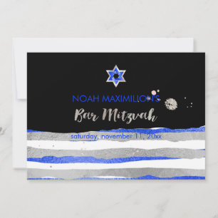 Convite PixDezines faux bar mitzvah prata/azul/listras