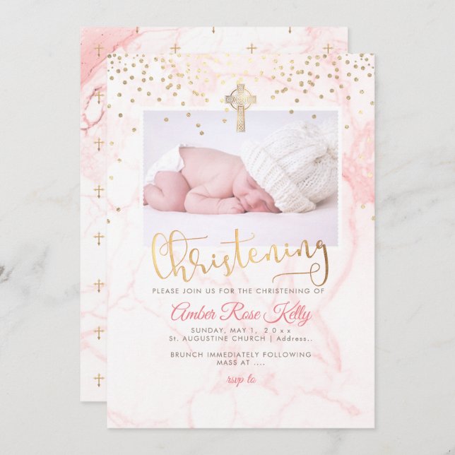 Convite PixDezines Faux Dourado Confetti+Marble Christenin (Frente/Verso)