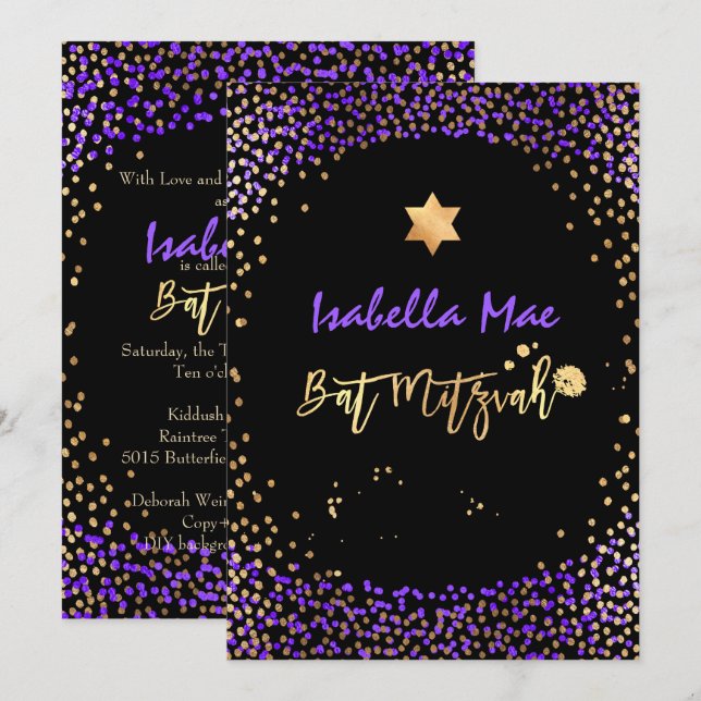 Convite PixDezines Faux Dourado+Purple Confetti Bat Mitzva (Frente/Verso)