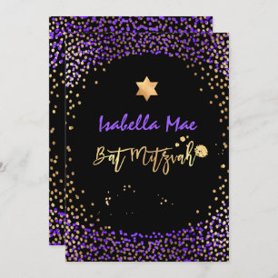 Convite PixDezines Faux Dourado+Purple Confetti Bat Mitzva