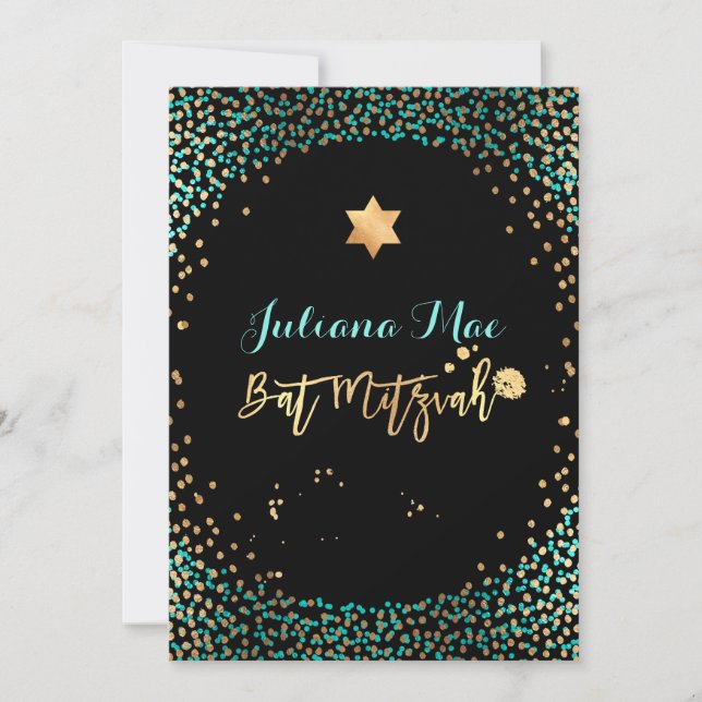 Convite PixDezines Faux Dourado+Teal Confetti Bat Mitzvah (Frente)