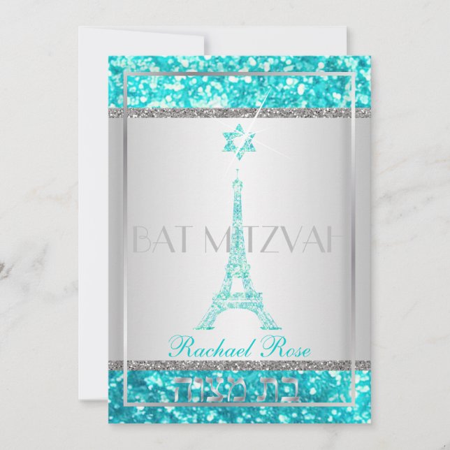 Convite PixDezines faux glitter eifflel/Bat Mitzvah (Frente)