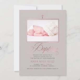 Convite PixDezines Faux Rosa Dourado Batismo