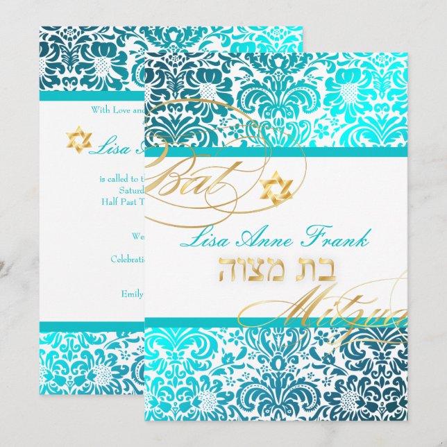 Convite PixDezines FIDORA DAMASK BAT MITZVAH, TURQUESA (Frente/Verso)