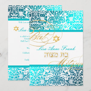 Convite PixDezines FIDORA DAMASK BAT MITZVAH, TURQUESA