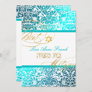 Convite PixDezines FIDORA DAMASK BAT MITZVAH, TURQUOISE