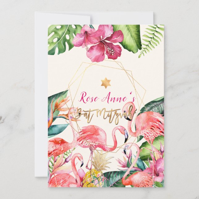 Convite PixDezines Flamingo Rosa Tropical Bat Mitzvah (Frente)