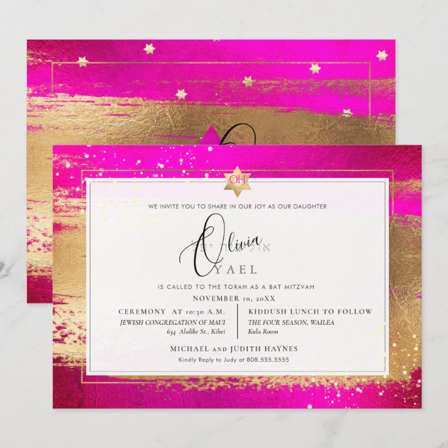 Convite PixDezines FLASHY PINK BRUSHSTROKE Dourado Mitzvah (Frente/Verso)
