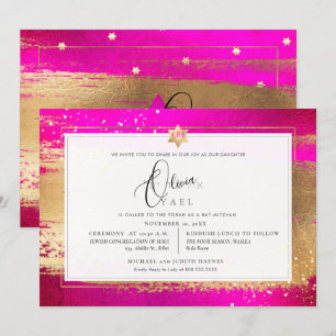 Convite PixDezines FLASHY PINK BRUSHSTROKE Dourado Mitzvah