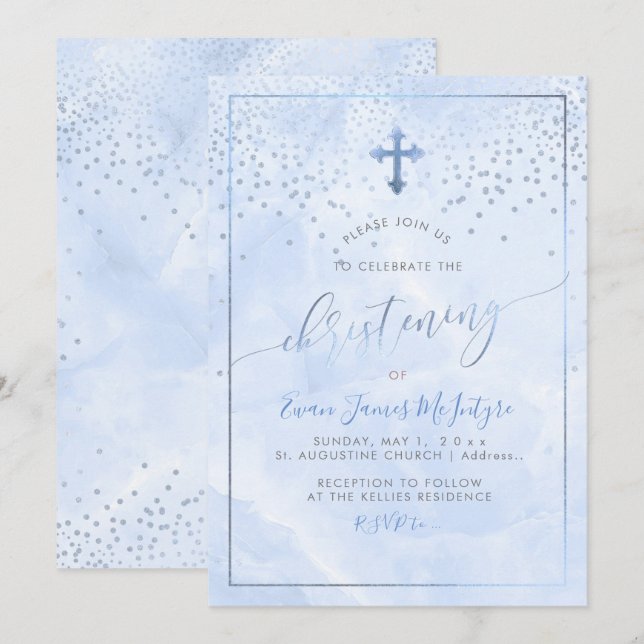 Convite PixDezines Flor Azul Marble Christening (Frente/Verso)