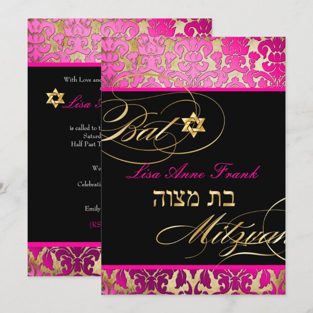 Convite PixDezines Flora Damask, Bat Mitzvah (Frente/Verso)