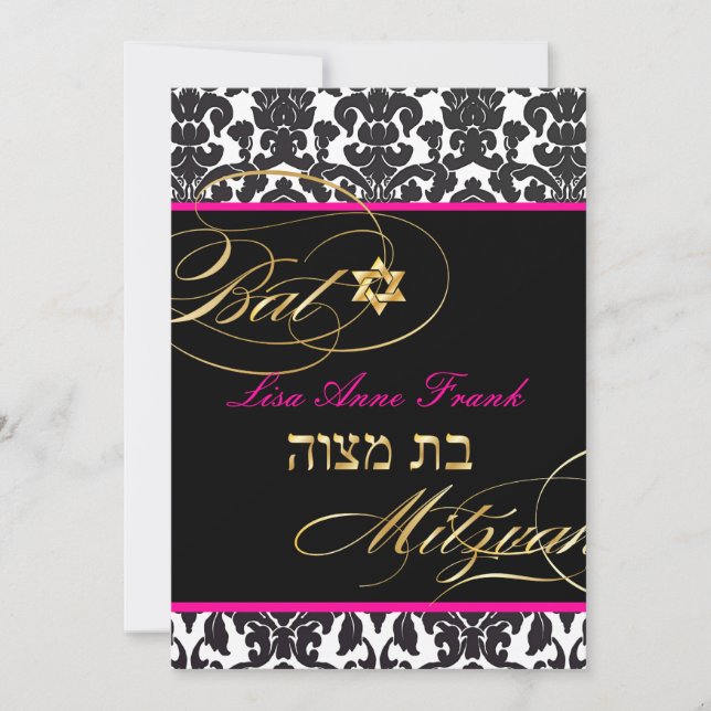Convite PixDezines Flora Damask, Bat Mitzvah/ cor DIY (Frente)