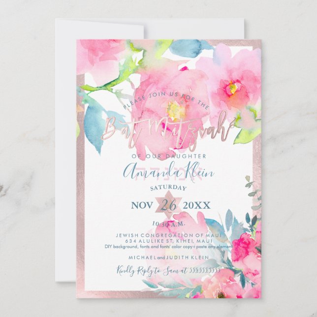 Convite PixDezines Floral Aquarela Bat Mitzvah (Frente)