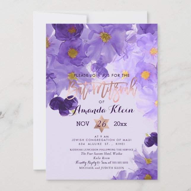 Convite PixDezines Floral Watercolor Bat Mitzvah (Frente)