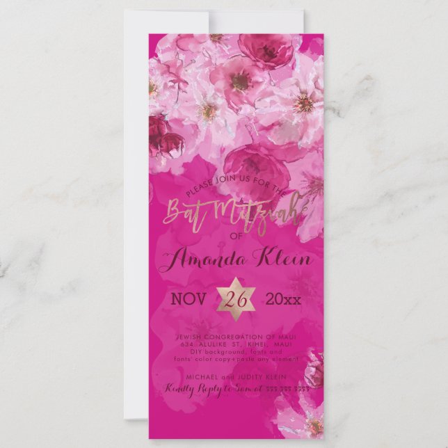 Convite PixDezines Floral Watercolor Bat Mitzvah (Frente)