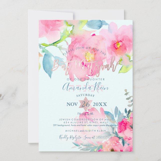 Convite PixDezines Floral Watercolor Bat Mitzvah (Frente)