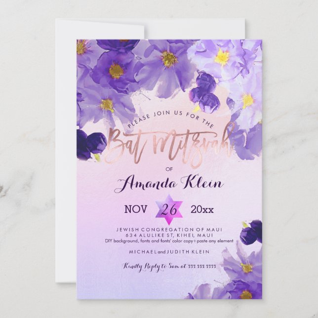 Convite PixDezines Floral Watercolor Bat Mitzvah (Frente)
