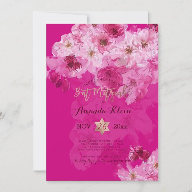 Convite PixDezines Floral Watercolor Bat Mitzvah (Frente)