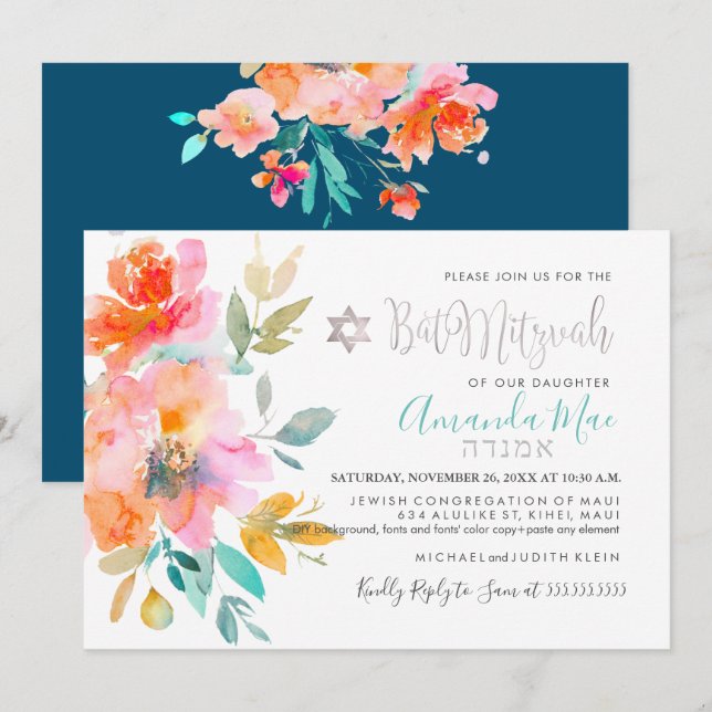 Convite PixDezines Floral Watercolor Bat Mitzvah, Laranja (Frente/Verso)