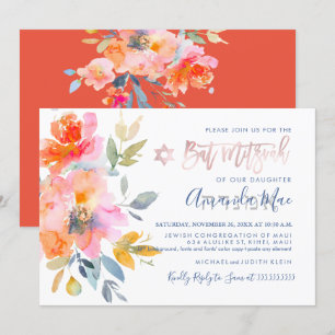 Convite PixDezines Floral Watercolor Bat Mitzvah, Ombre