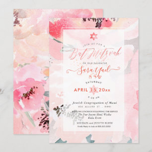 Convite PixDEzines Floral Watercolor Blush Peonies Mitzvah