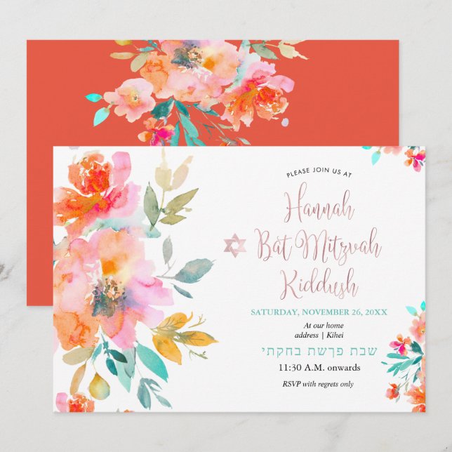 Convite PixDezines Floral Watercolor Rosas Mitzvah Kiddush (Frente/Verso)