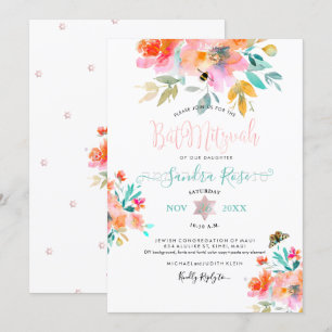 Convite PixDezines Garden Roses Watercolor Bat Mitzvah