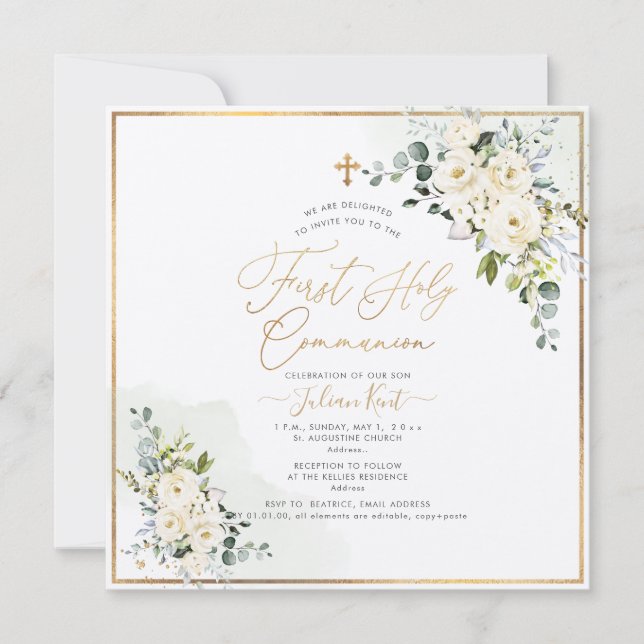 Convite PixDezines H2 Alabaster Rosas Primeira Comunhão Sa (Frente)