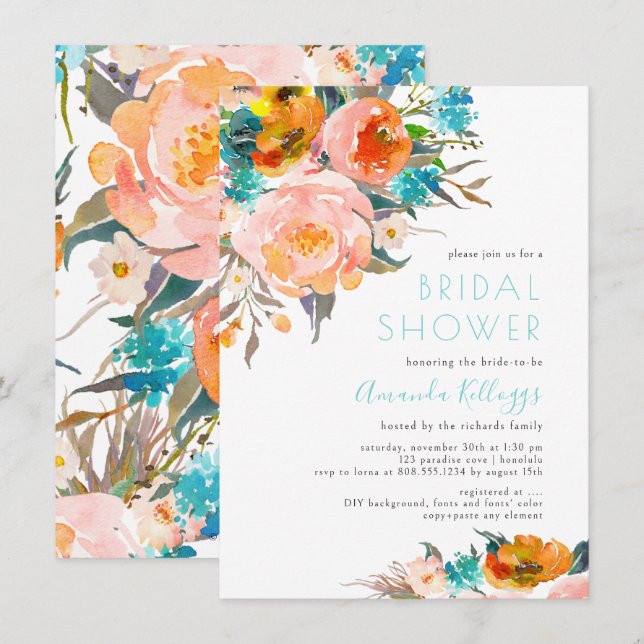 Convite PixDezines H2 Aqua Peach Peonies Casamento (Frente/Verso)