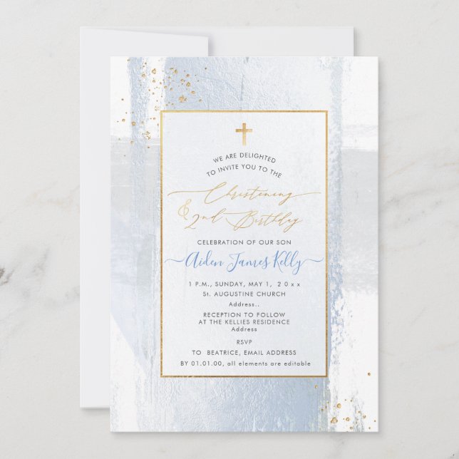 Convite PixDezines H2 Blue Christening+segundo aniversário (Frente)