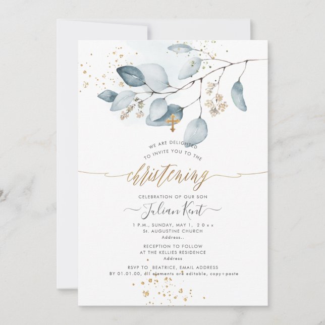 Convite PixDezines H2 Blue Gum Eucalyptus Christening (Frente)