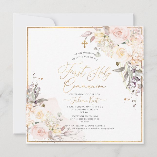 Convite PixDezines H2 Blush Rosas Primeira Comunhão Sagrad (Frente)