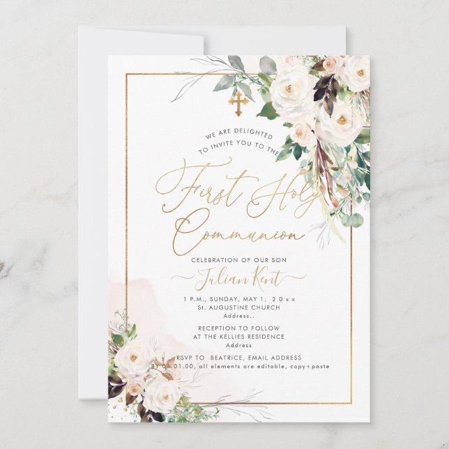 Convite PixDezines H2 Blush Rosas Primeira Comunhão Sagrad (Frente)
