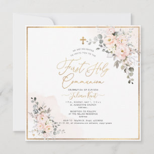 Convite PixDezines H2 Blush Rosas Primeira Comunhão Sagrad