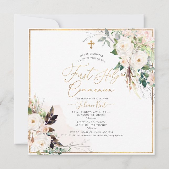 Convite PixDezines H2 Blush Rosas Primeira Comunhão Sagrad (Frente)