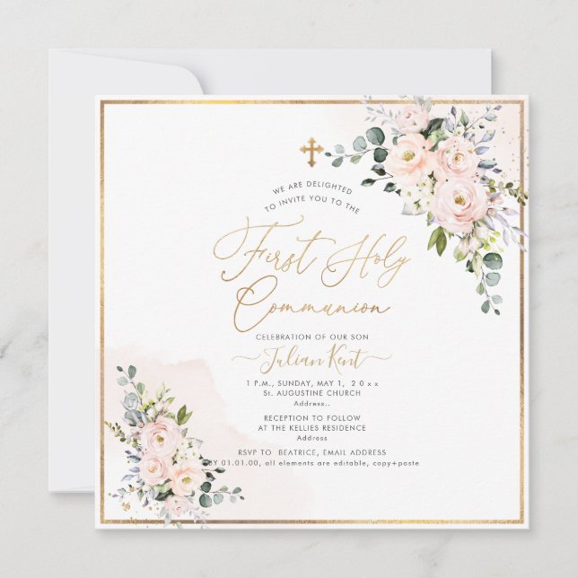 Convite PixDezines H2 Blush Rosas Primeira Comunhão Sagrad (Frente)