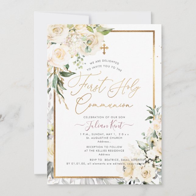 Convite PixDezines H2 Cream Rosa Primeira Comunhão Santa (Frente)