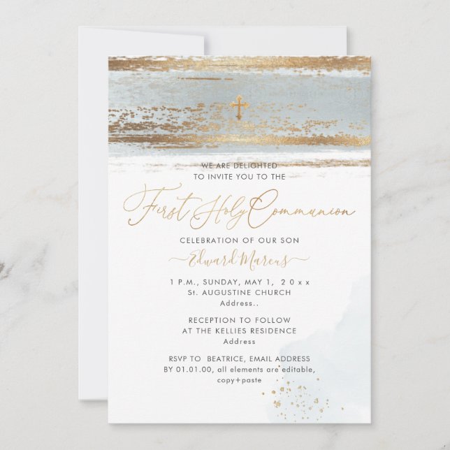 Convite PixDezines H2 Dusty Blue Primeira Comunhão Sagrada (Frente)