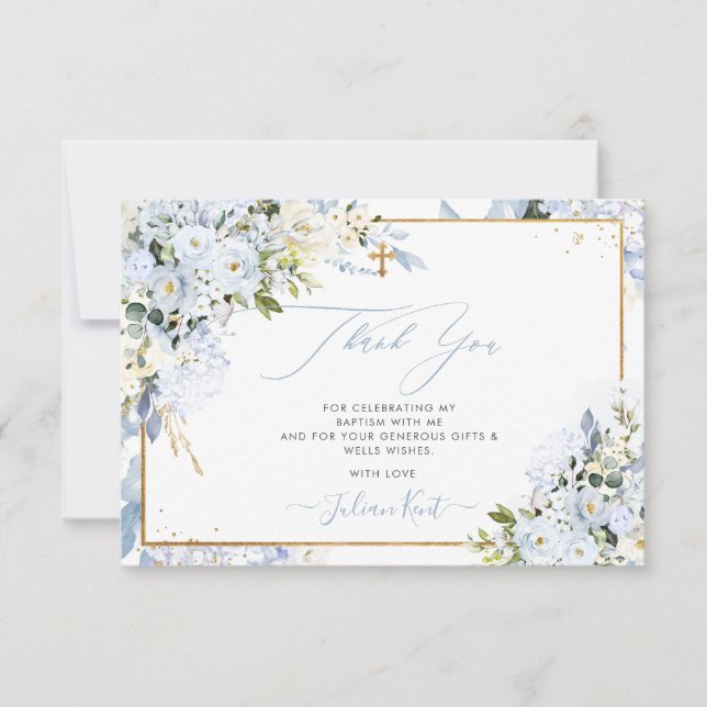 Convite PixDezines H2 Dusty Rosas Azul Batismo Obrigado (Frente)