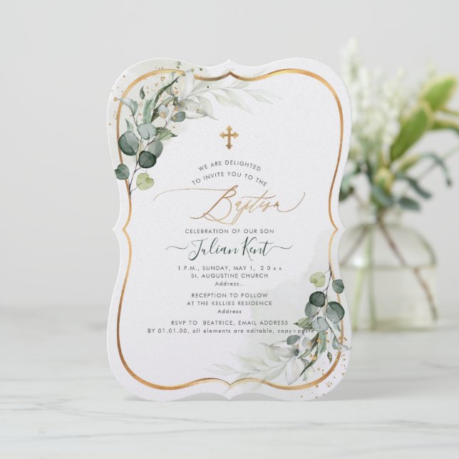 Convite PixDezines H2 Eucalyptus Baptism (Em pé/Frente)