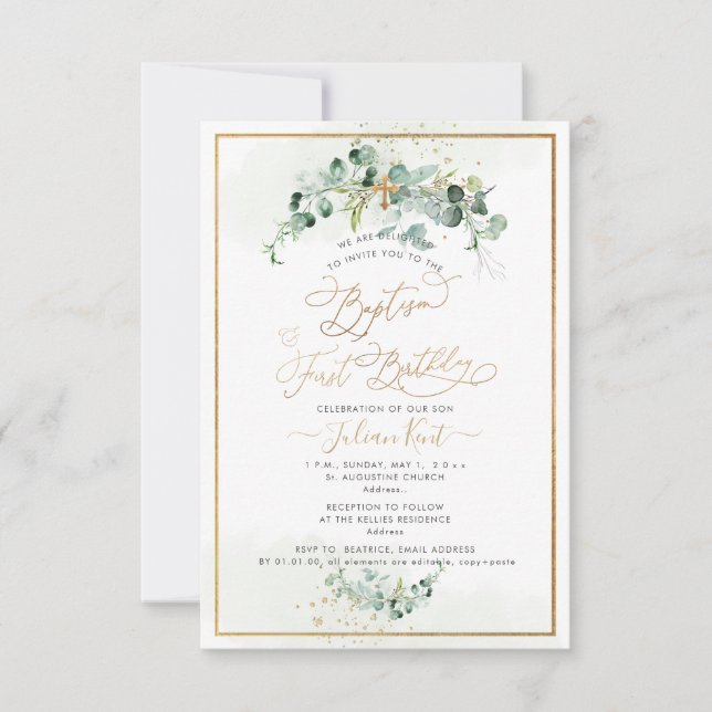 Convite PixDezines H2 Eucalyptus Baptism Primeiro Aniversá (Frente)