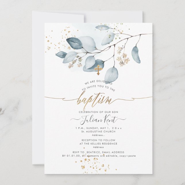 Convite PixDezines H2 Goma Azul Eucalyptus Baptism (Frente)