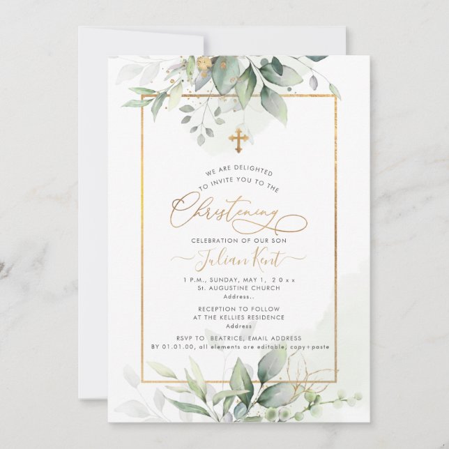 Convite PixDezines H2 Green Dourado Eucalyptus Christening (Frente)