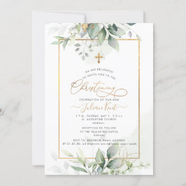 Convite PixDezines H2 Green Dourado Eucalyptus Christening