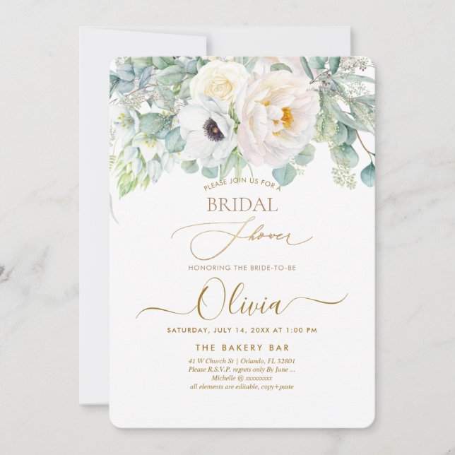 Convite PixDezines H2 Peonies Brancos Chá de panela Anêmon (Frente)