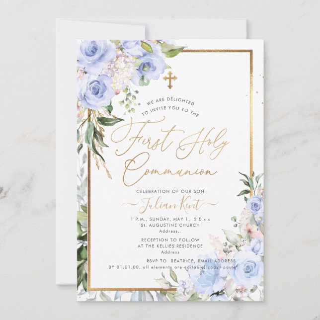 Convite PixDezines H2 Rosas Azuis Primeira Comunhão Sagrad (Frente)