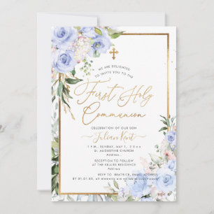 Convite PixDezines H2 Rosas Azuis Primeira Comunhão Sagrad