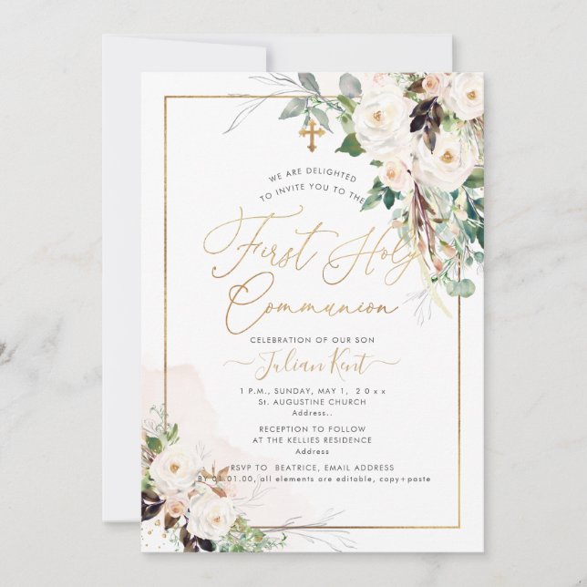 Convite PixDezines H2 Rosas Rosadas Primeira Comunhão (Frente)