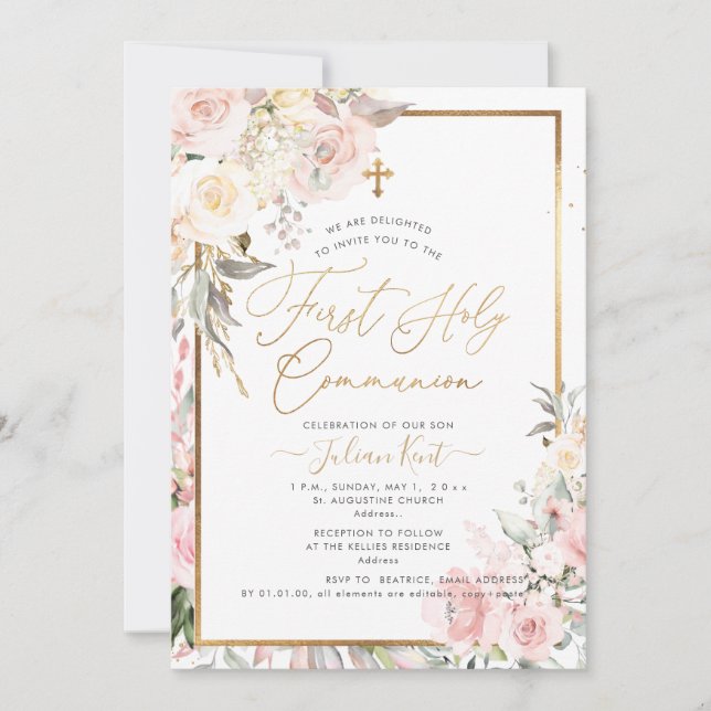 Convite PixDezines H2 Rosas Rosadas Primeira Comunhão (Frente)